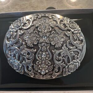 *Nocona Blazin Roxx Silver Plated Oval Cross Rhinestone Western Belt BUCKLE NEW!